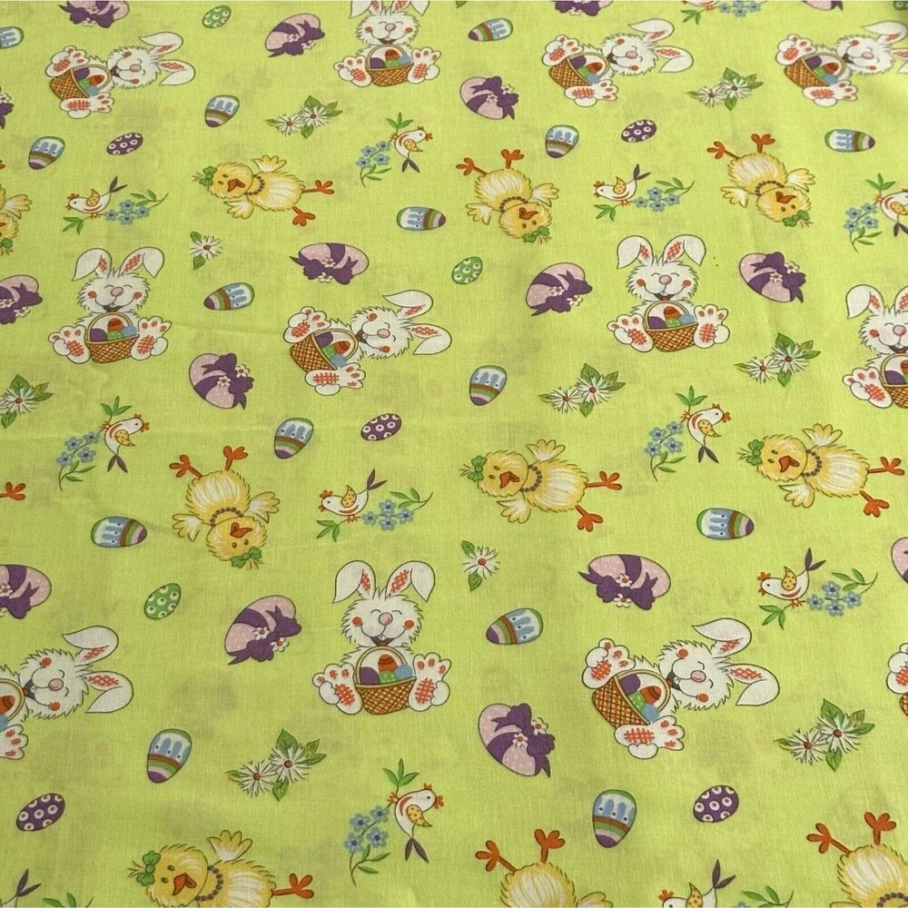 Easter Fabric Bunny Chick Easter Eggs on Green Cotton  1yd 35